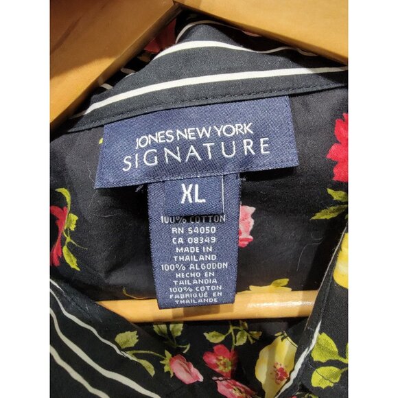 Jones New York Signature Womens XL Black Floral Button-Up Shirt 100% Cotton - Picture 3 of 5